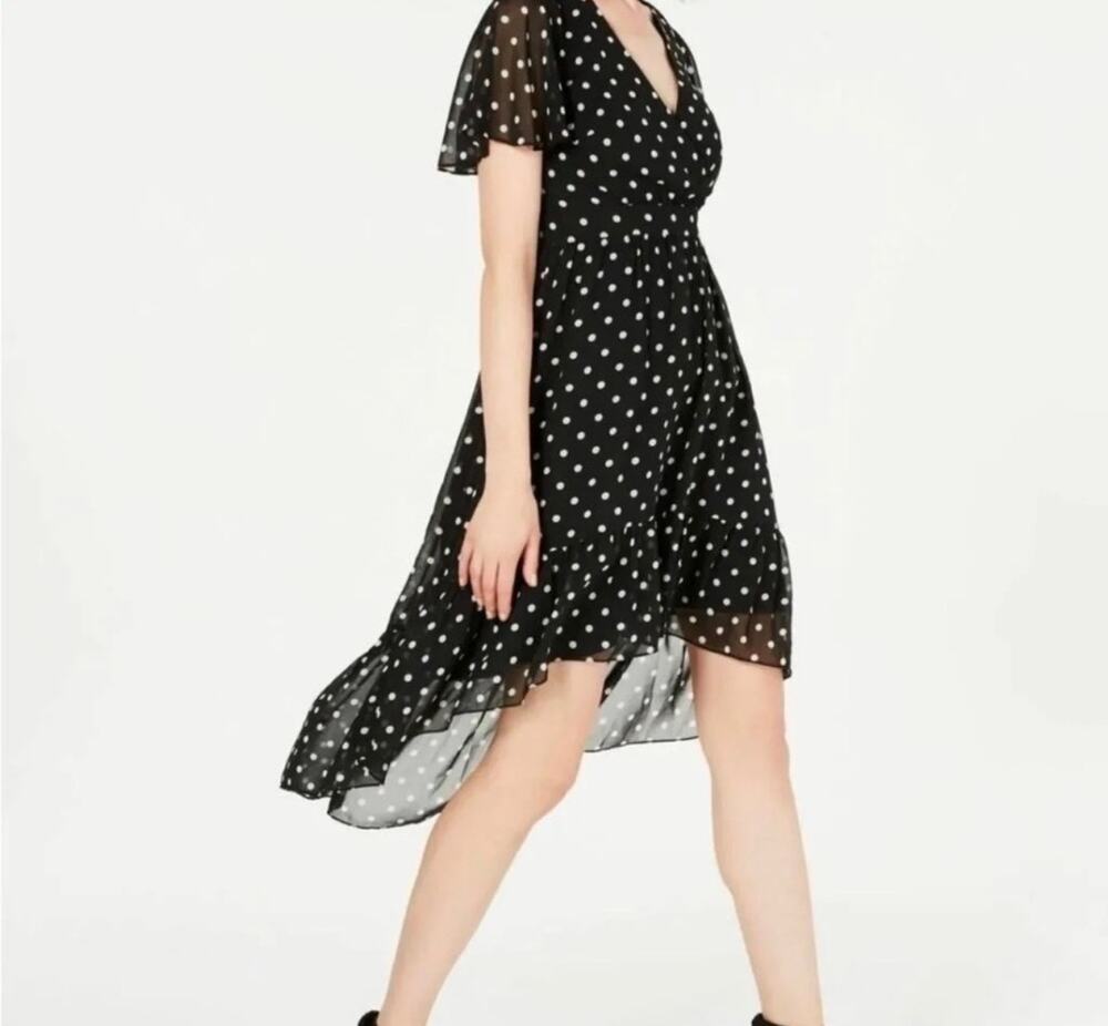 Vince Camuto Polka Dot Faux Wrap Midi Dress Black White Ruffle Hi Low Women 24W